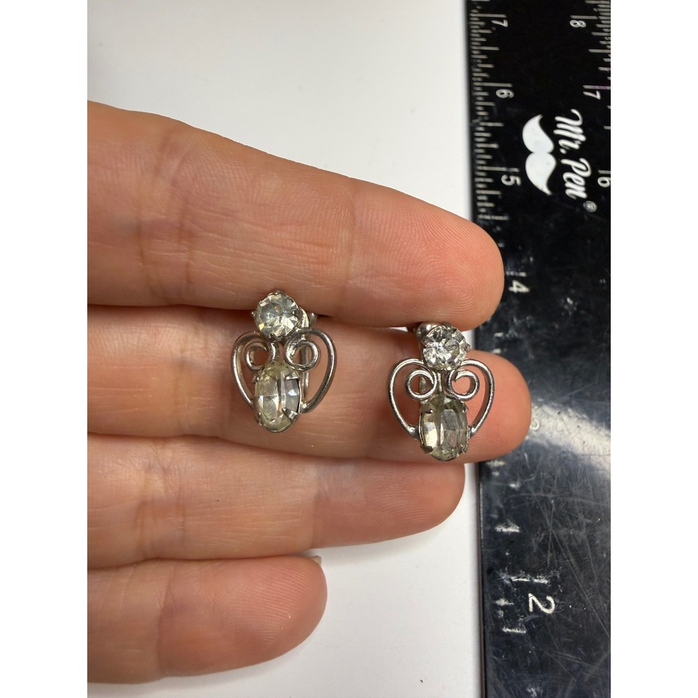 Vintage Silver Tone Heart Scroll Rhinestone Screw Back Earrings Clear Stones
